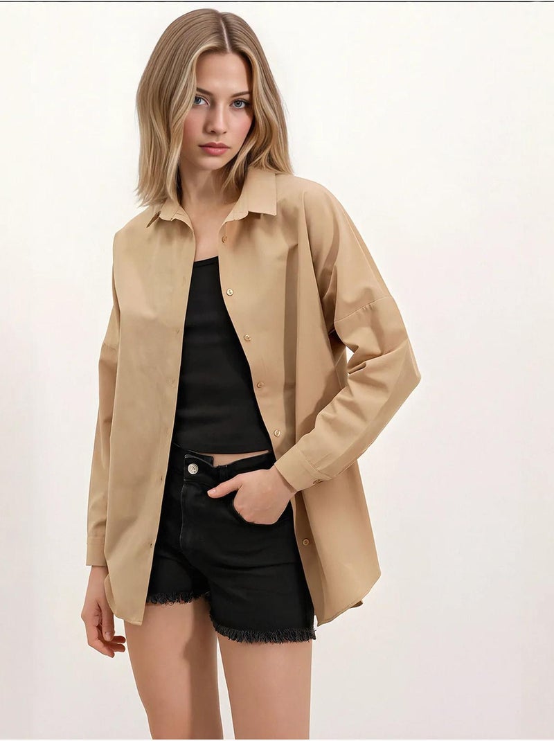 Chemise oversize à motif en popeline avec boutons bdart Camel - Kiabi