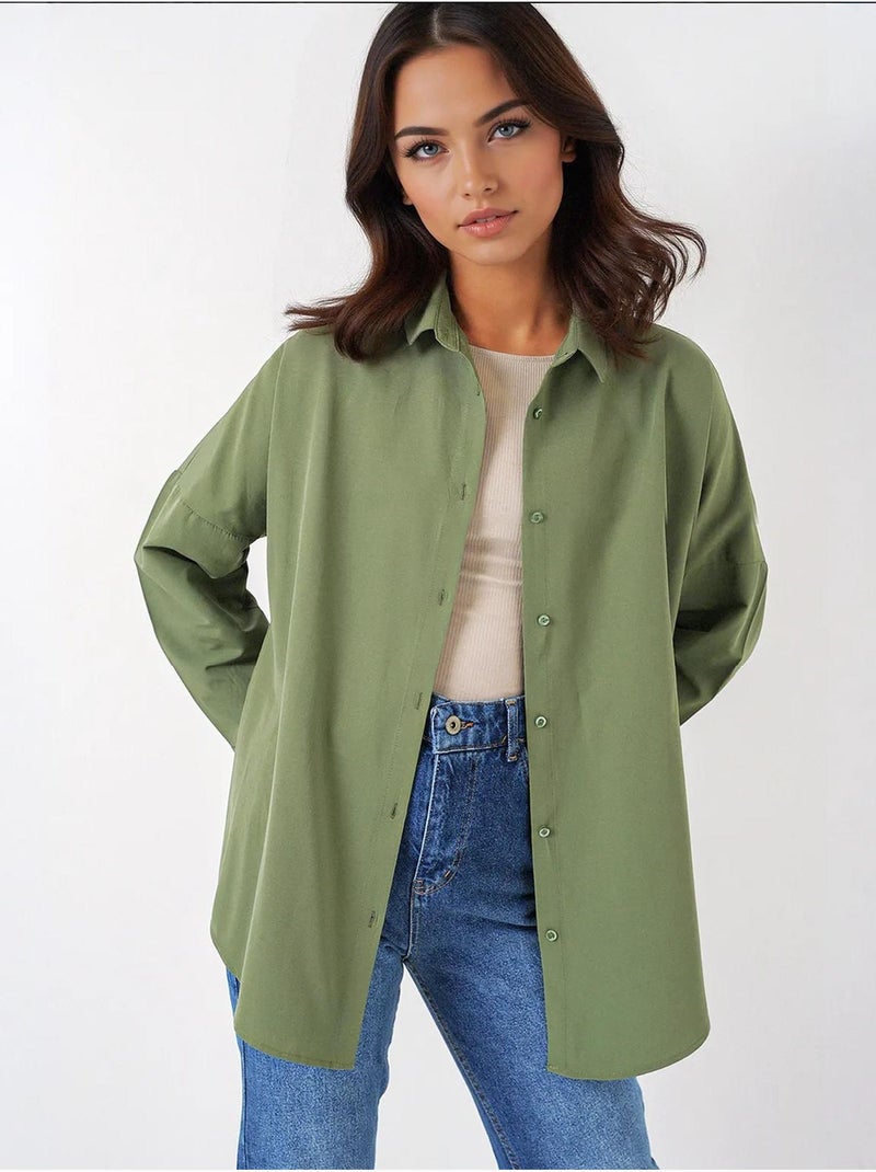 Chemise oversize à motif en popeline avec boutons bdart Kaki - Kiabi