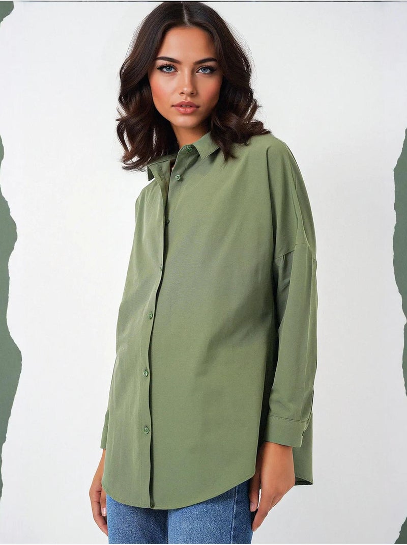 Chemise oversize à motif en popeline avec boutons bdart Kaki - Kiabi