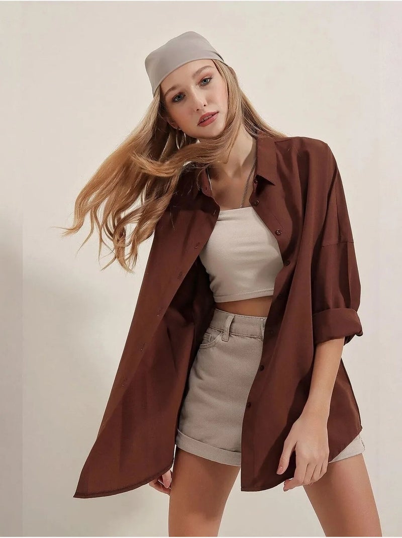 Chemise oversize à motif en popeline avec boutons bdart Marron chocolat - Kiabi