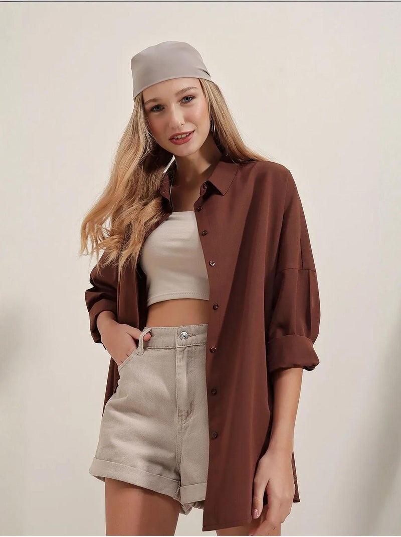 Chemise oversize à motif en popeline avec boutons bdart Marron - Kiabi
