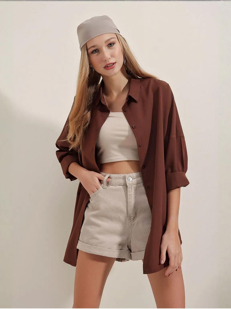 Chemise oversize à motif en popeline avec boutons bdart Marron - Kiabi