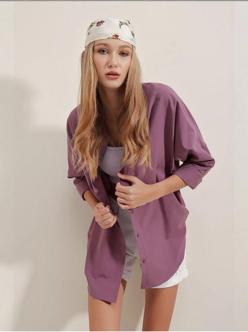 Chemise oversize à motif en popeline avec boutons bdart Mauve - Kiabi
