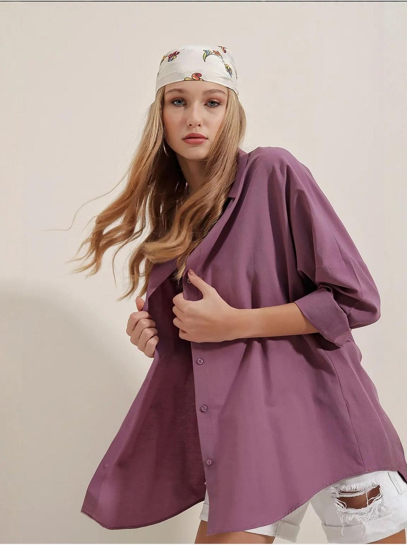Chemise oversize à motif en popeline avec boutons bdart Mauve - Kiabi