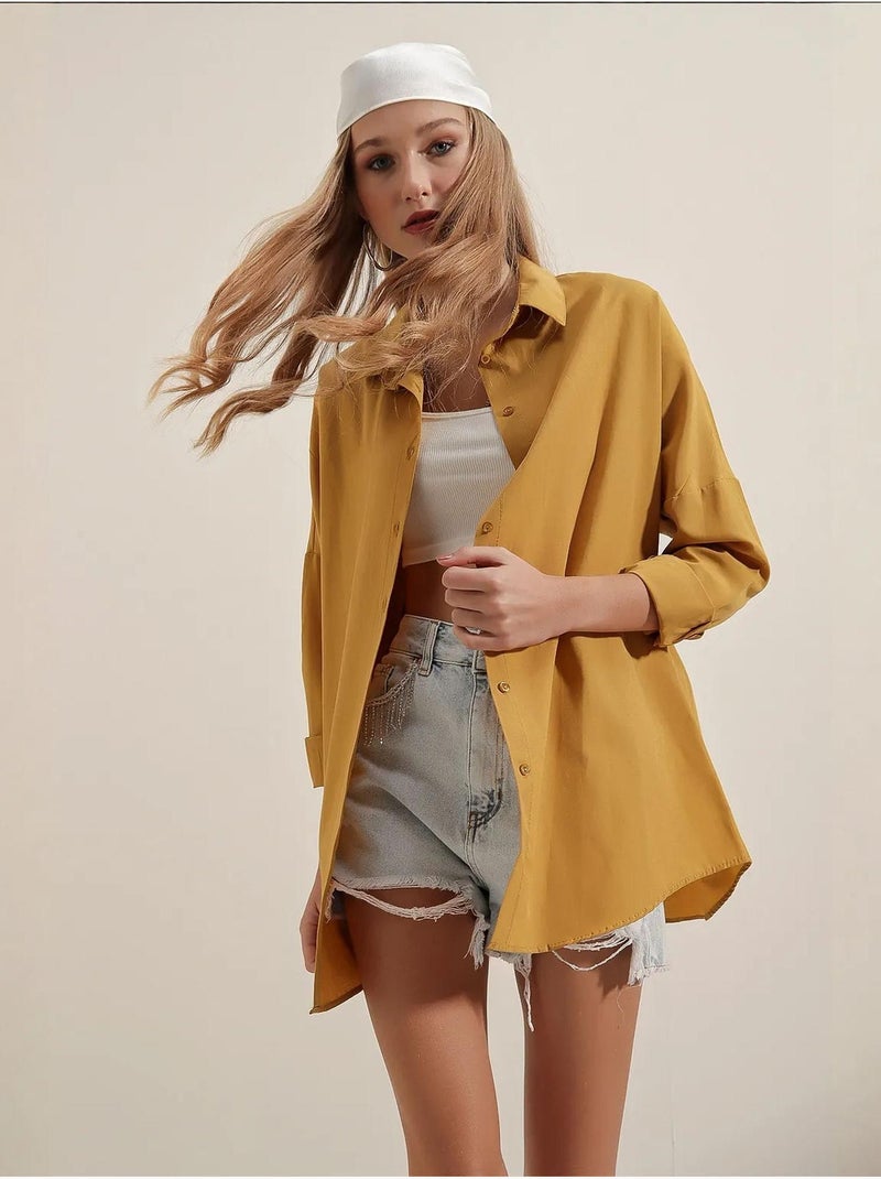 Chemise oversize à motif en popeline avec boutons bdart Moutarde - Kiabi