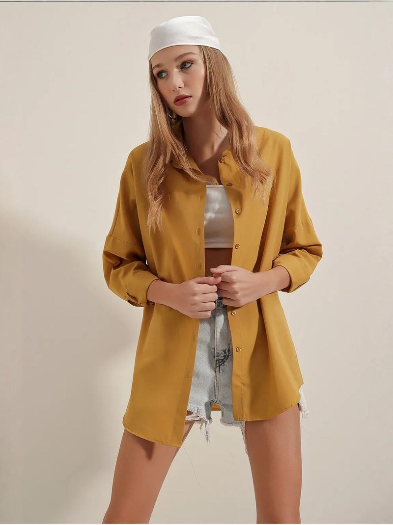 Chemise oversize à motif en popeline avec boutons bdart Moutarde - Kiabi