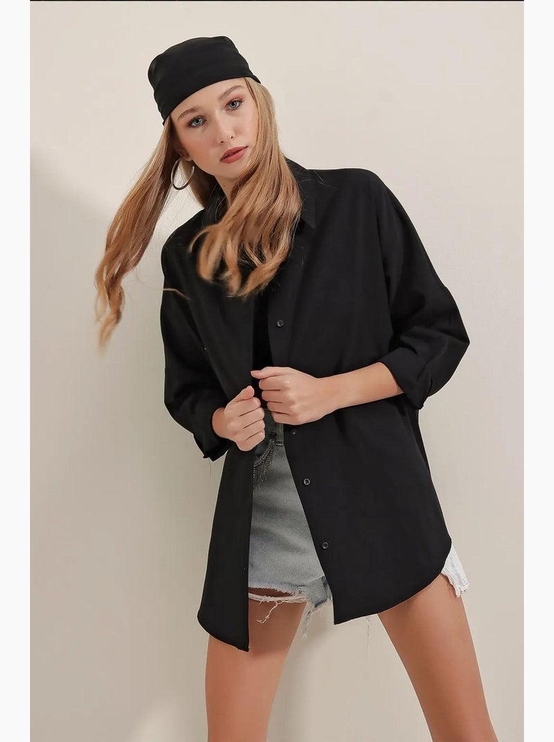 Chemise oversize à motif en popeline avec boutons bdart Noir - Kiabi