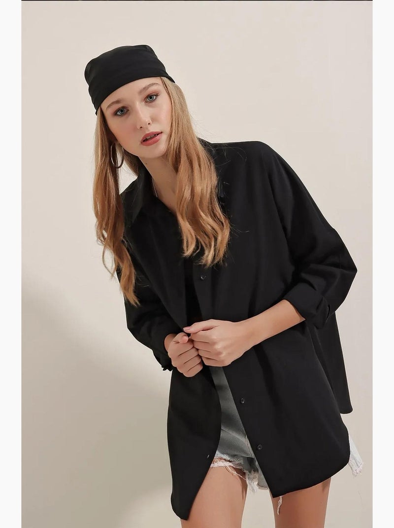 Chemise oversize à motif en popeline avec boutons bdart Noir - Kiabi