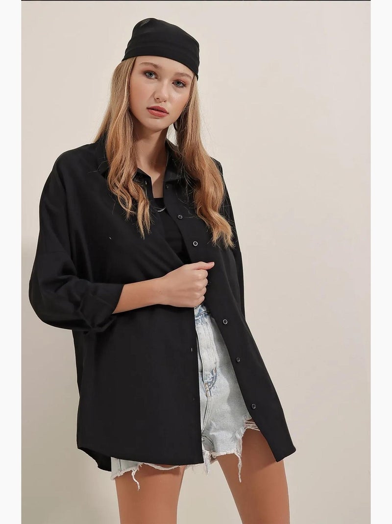 Chemise oversize à motif en popeline avec boutons bdart Noir - Kiabi