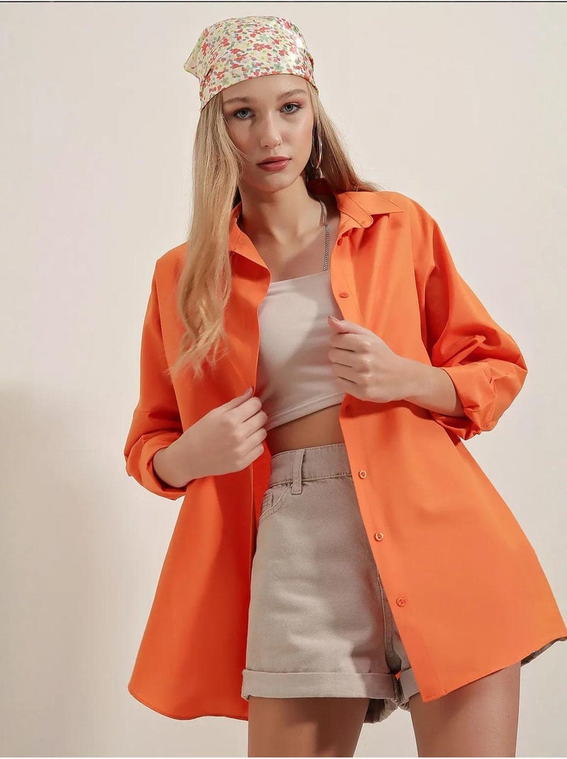 Chemise oversize à motif en popeline avec boutons bdart Orange - Kiabi