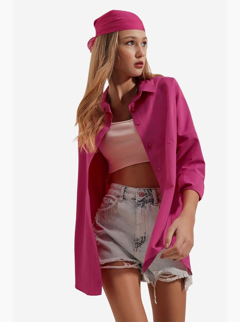 Chemise oversize à motif en popeline avec boutons bdart Rose fluo/Solinotes - Kiabi