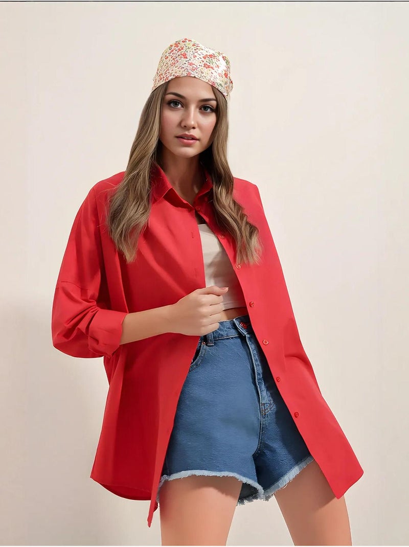 Chemise oversize à motif en popeline avec boutons bdart Rouge - Kiabi