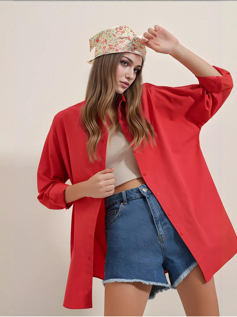 Chemise oversize à motif en popeline avec boutons bdart Rouge - Kiabi