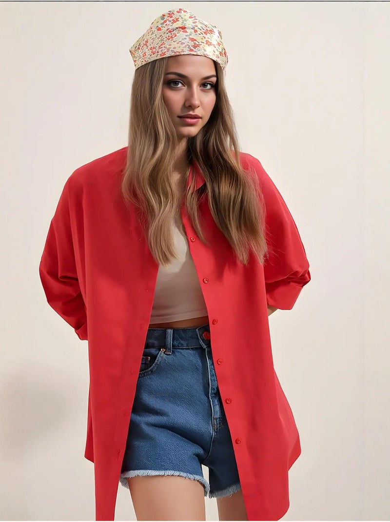 Chemise oversize à motif en popeline avec boutons bdart Rouge - Kiabi