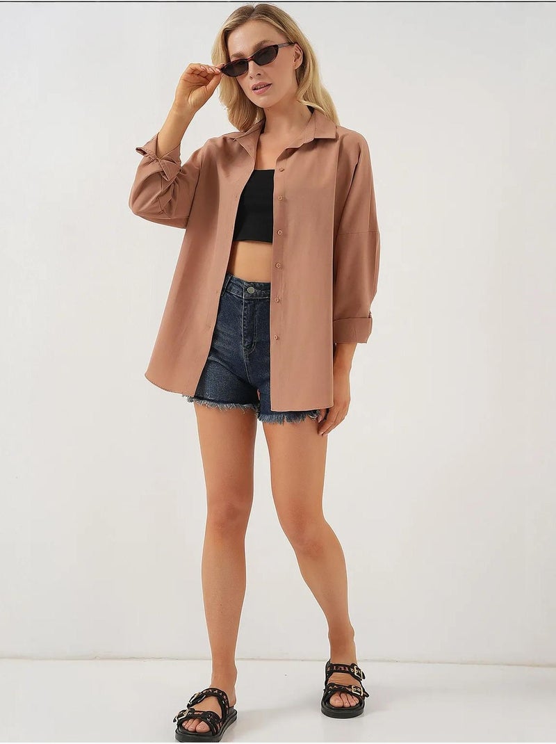 Chemise oversize à motif en popeline avec boutons bdart Taupe - Kiabi