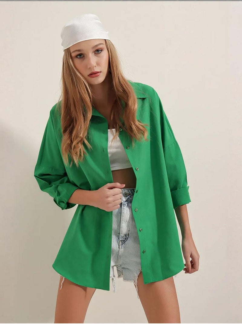 Chemise oversize à motif en popeline avec boutons bdart Vert émeraude - Kiabi