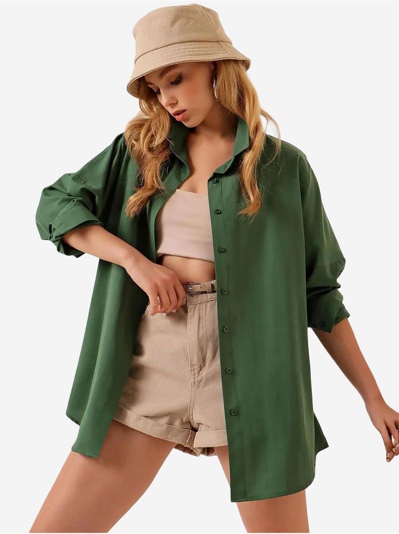 Chemise oversize à motif en popeline avec boutons bdart Vert foncé - Kiabi