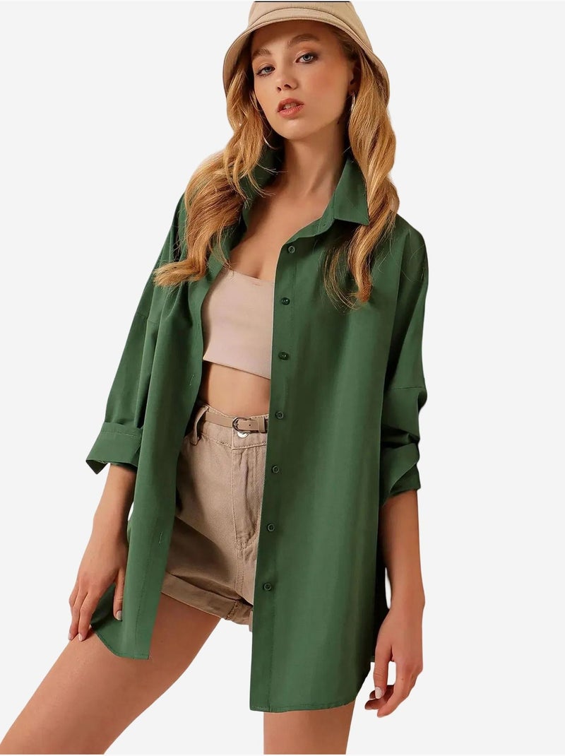 Chemise oversize à motif en popeline avec boutons bdart Vert foncé - Kiabi
