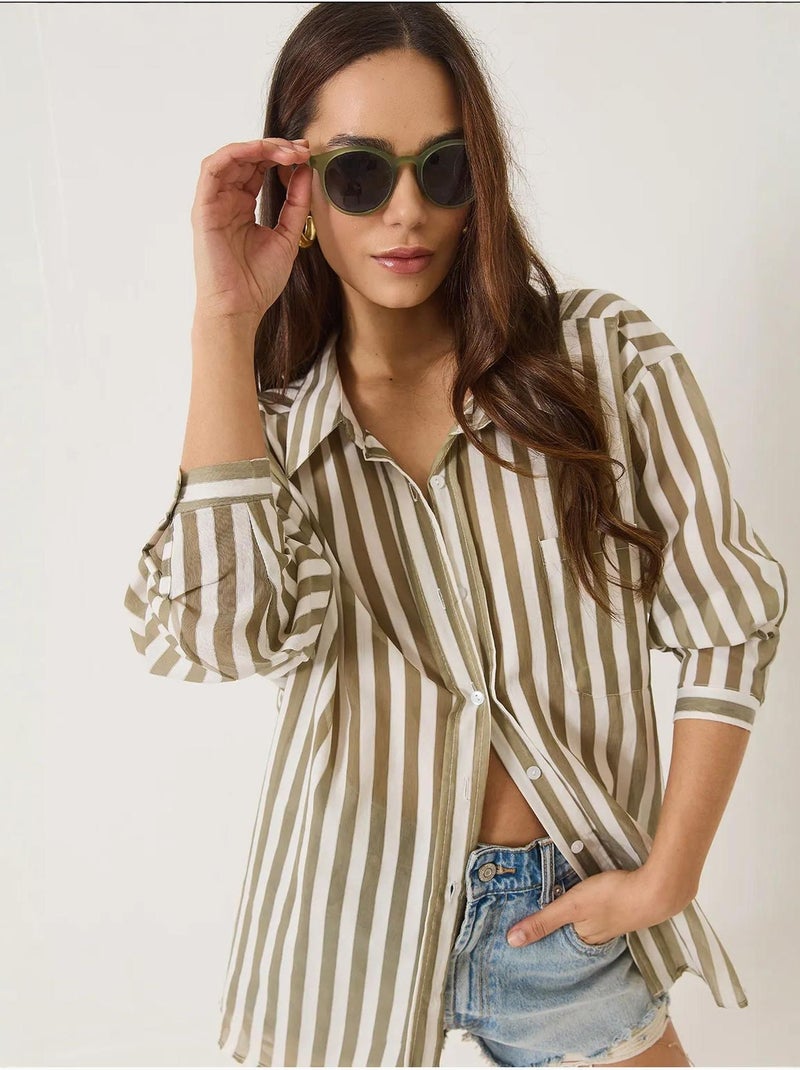 Chemise oversize à rayures et poche unique bianco lucci Kaki - Kiabi