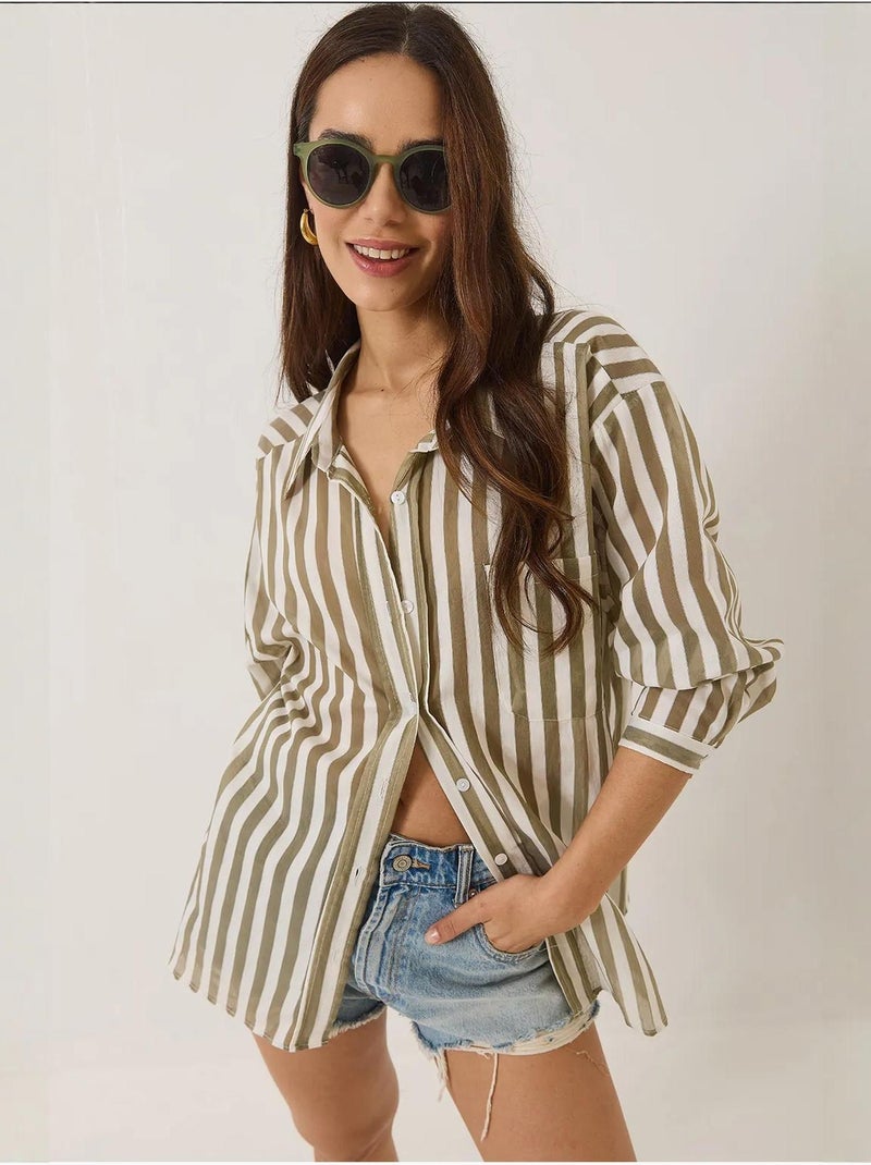 Chemise oversize à rayures et poche unique lucci Kaki - Kiabi