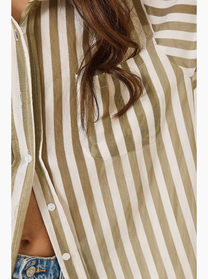 Chemise oversize à rayures et poche unique lucci Kaki - Kiabi