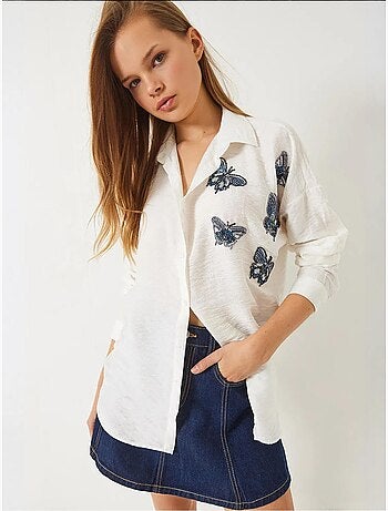 Chemise oversize aerobin brodée de perles et de pierres papillon de bianco lucci