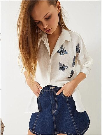 Chemise oversize aerobin brodée de perles et de pierres papillon de bianco lucci