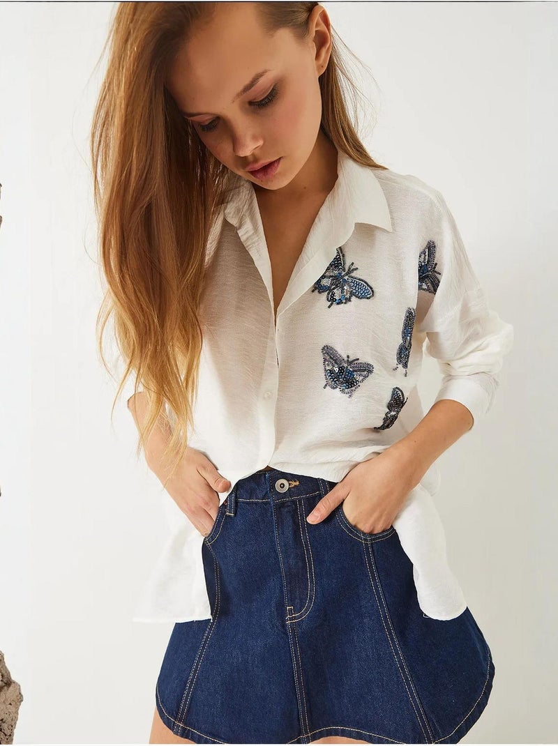 Chemise oversize aerobin brodée de perles et de pierres papillon de bianco lucci Blanc - Kiabi