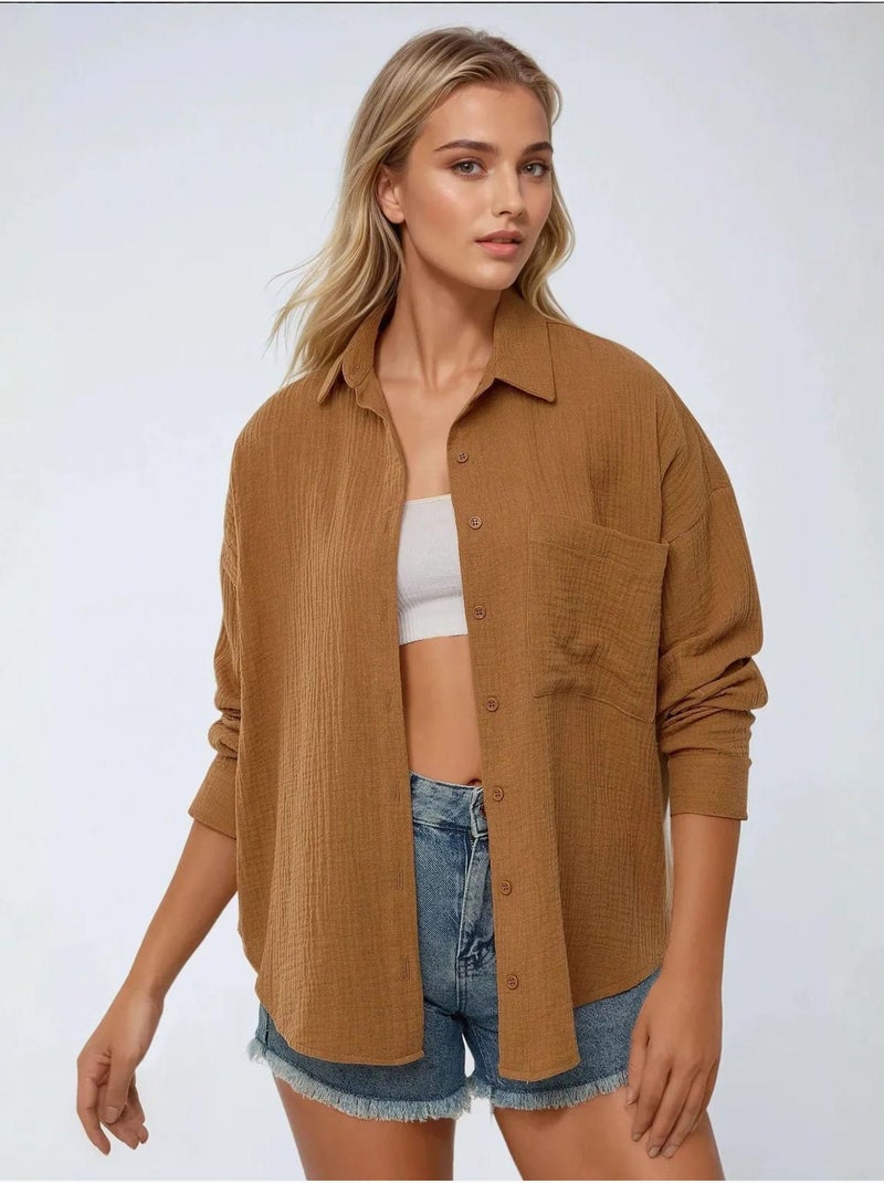 Chemise oversize en coton avec poche Marron - Kiabi