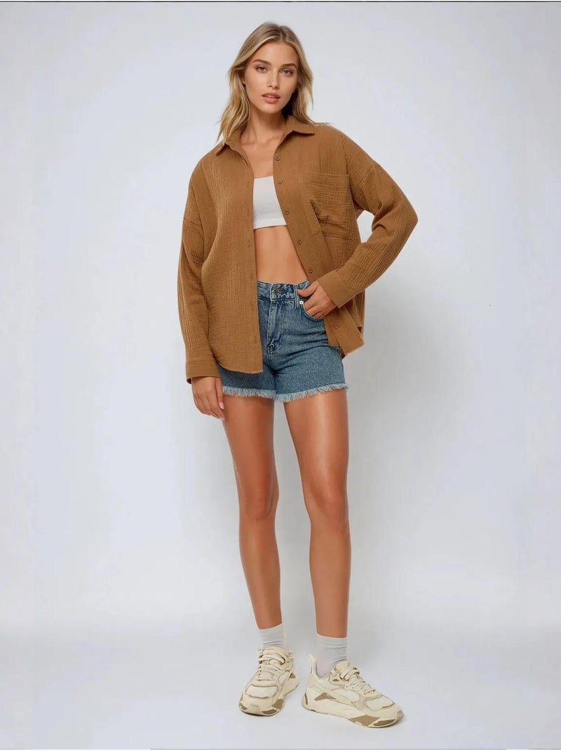 Chemise oversize en coton avec poche Marron - Kiabi