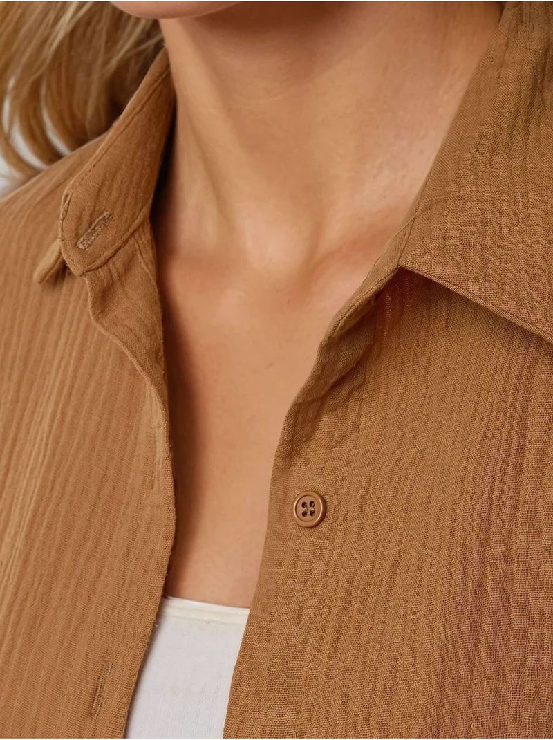 Chemise oversize en coton avec poche Marron - Kiabi