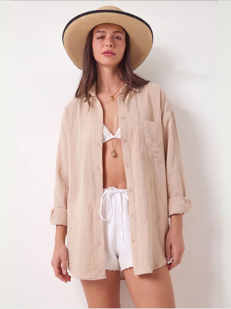 Chemise oversize en coton texturé avec poche istanbul Beige argile - Kiabi