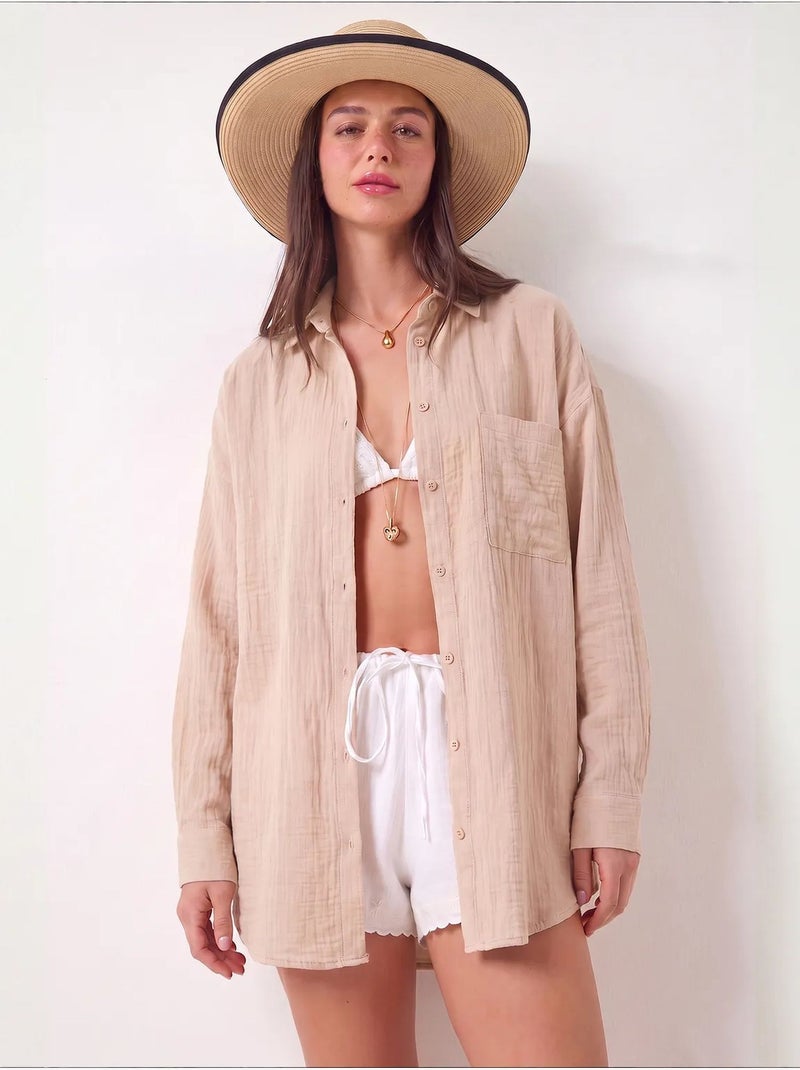 Chemise oversize en coton texturé avec poche istanbul Beige argile - Kiabi