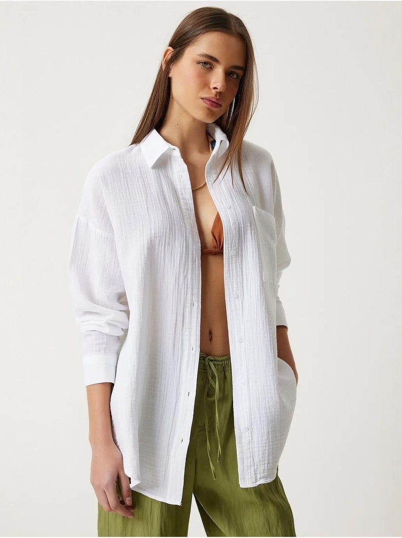 Chemise oversize en coton texturé avec poche istanbul Blanc - Kiabi