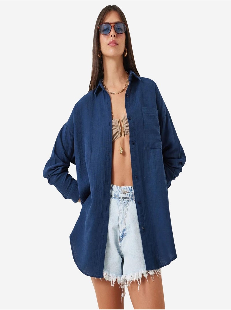 Chemise oversize en coton texturé avec poche istanbul Bleu marine - Kiabi