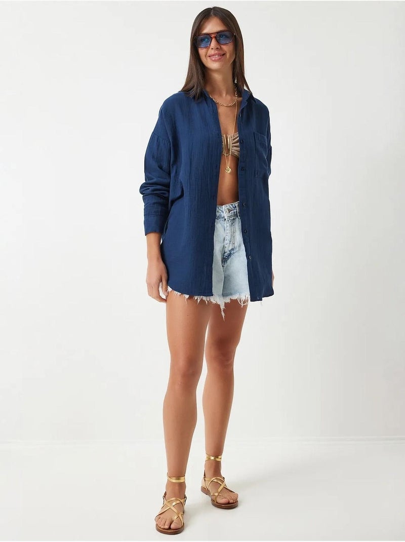 Chemise oversize en coton texturé avec poche istanbul Bleu marine - Kiabi