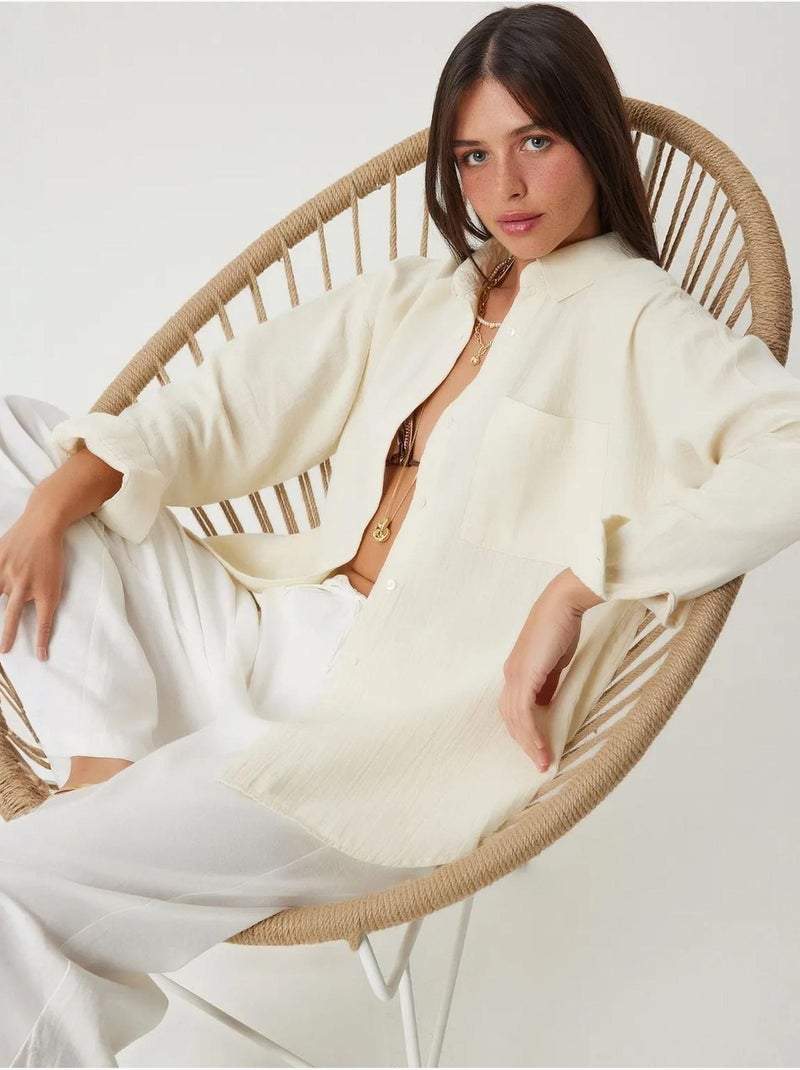 Chemise oversize en coton texturé avec poche istanbul Crème - Kiabi