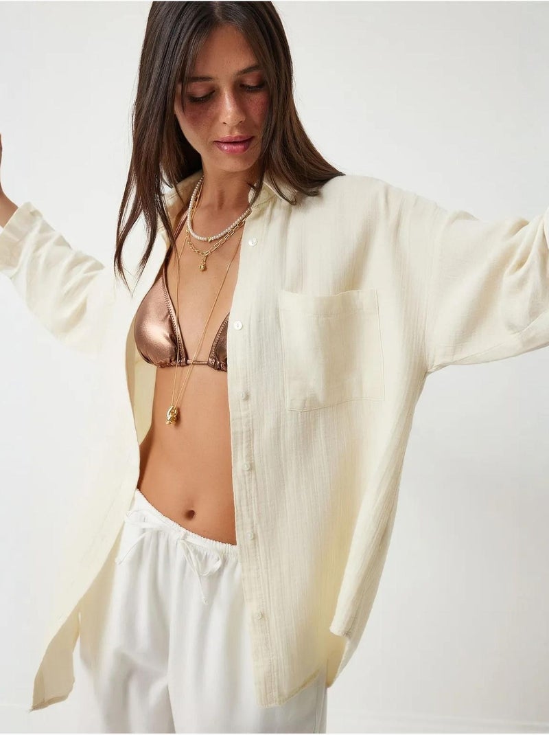 Chemise oversize en coton texturé avec poche istanbul Crème - Kiabi