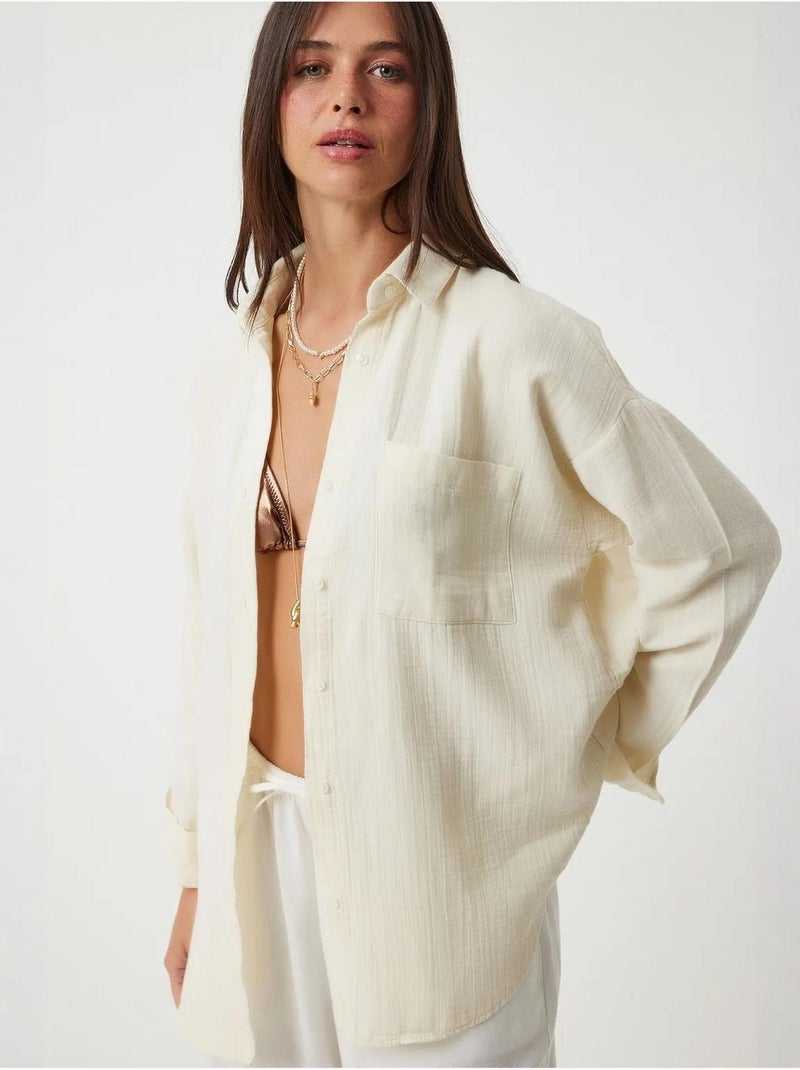 Chemise oversize en coton texturé avec poche istanbul Crème - Kiabi