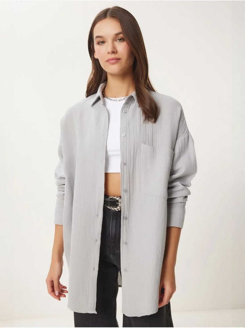 Chemise oversize en coton texturé avec poche istanbul Gris clair - Kiabi