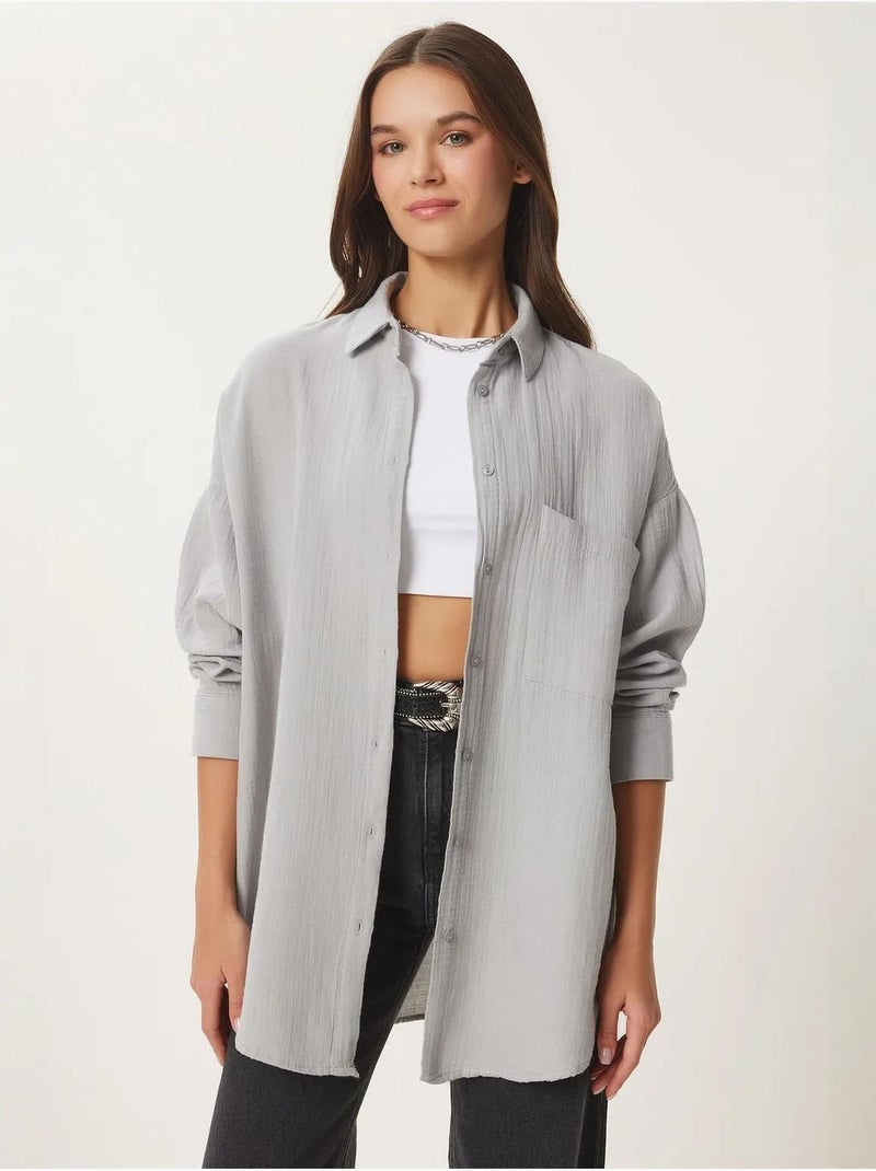 Chemise oversize en coton texturé avec poche istanbul Gris clair - Kiabi