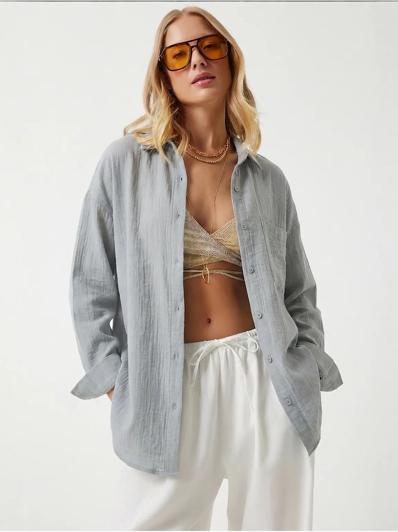 Chemise oversize en coton texturé avec poche istanbul Gris perle - Kiabi