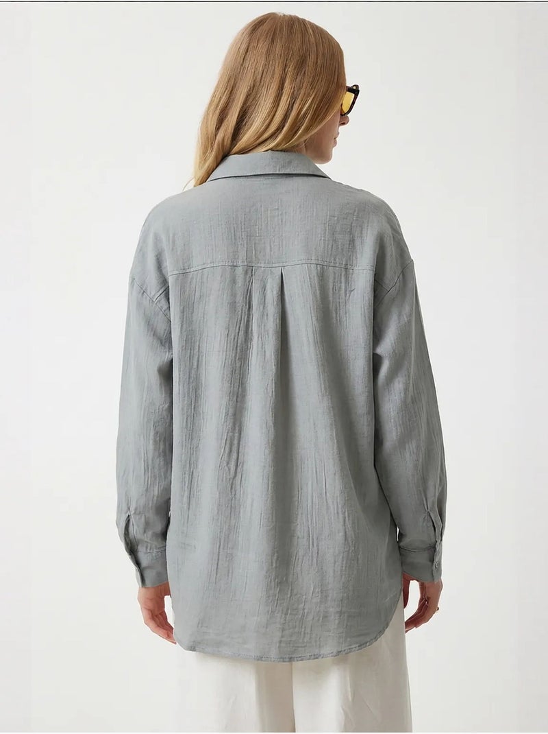 Chemise oversize en coton texturé avec poche istanbul Gris perle - Kiabi