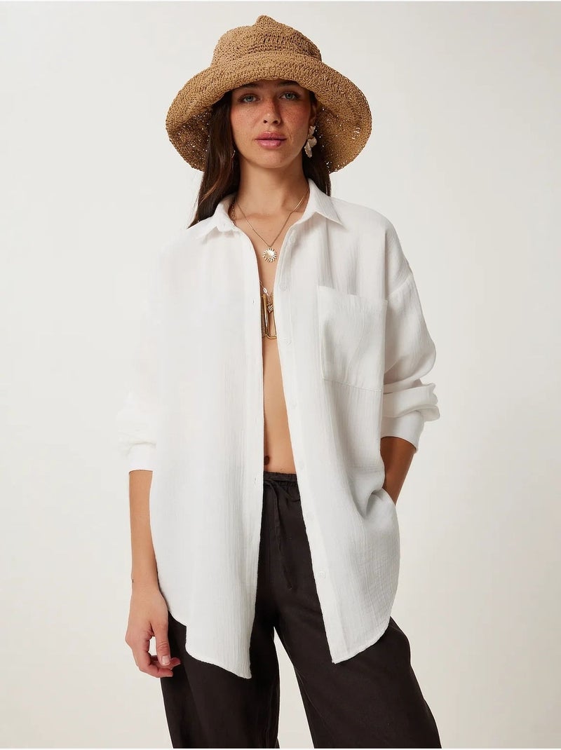 Chemise oversize en coton texturé avec poche istanbul Ivoire - Kiabi