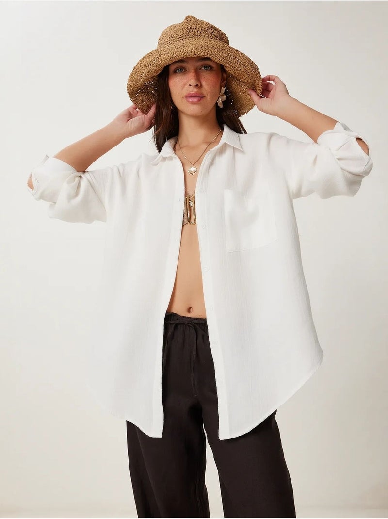 Chemise oversize en coton texturé avec poche istanbul Ivoire - Kiabi