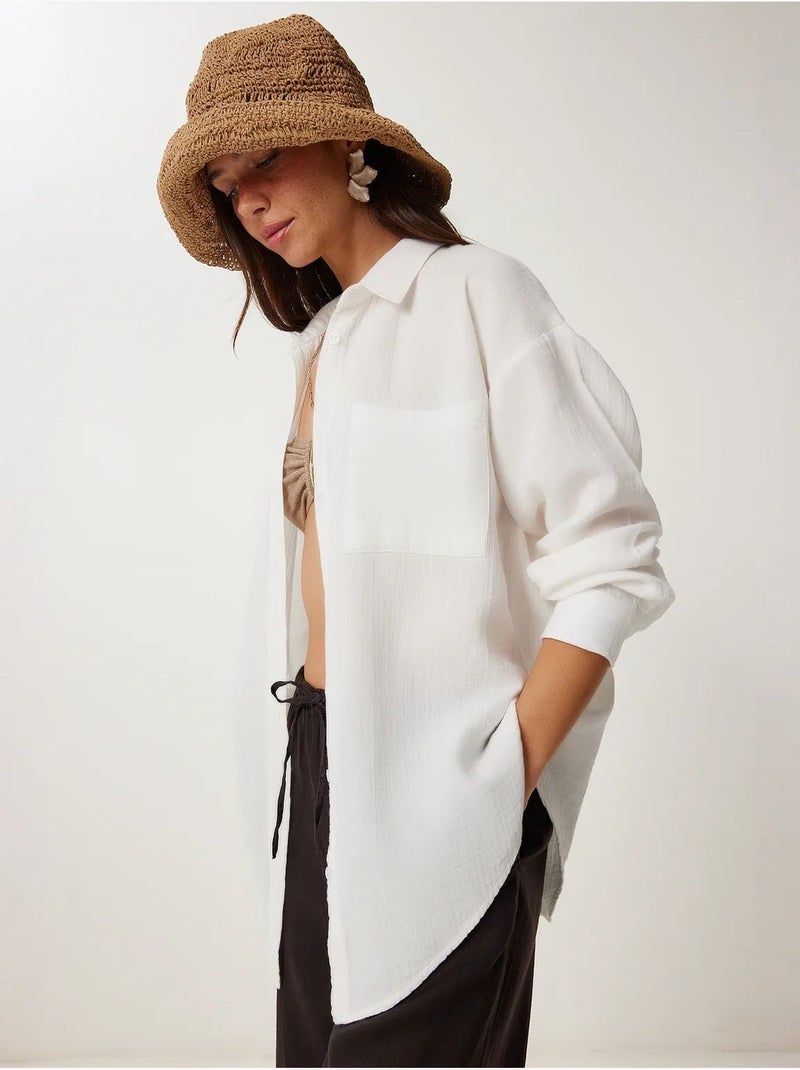 Chemise oversize en coton texturé avec poche istanbul Ivoire - Kiabi