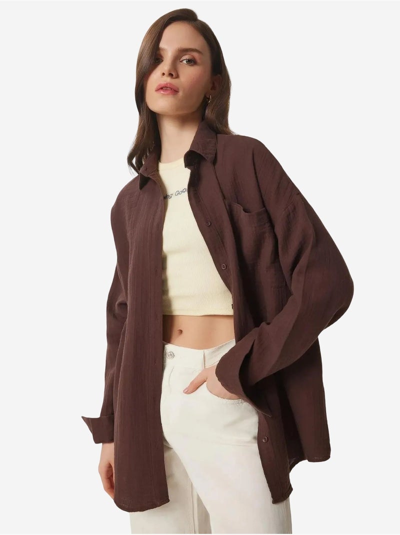 Chemise oversize en coton texturé avec poche istanbul Marron chocolat - Kiabi