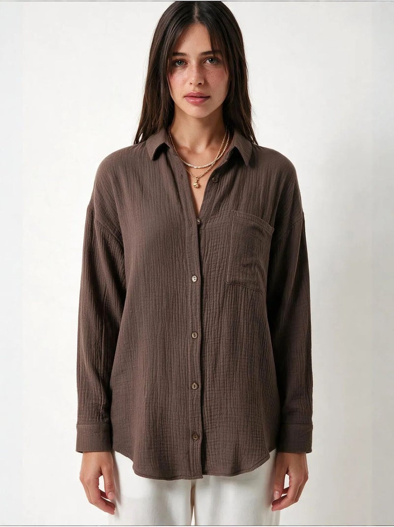 Chemise oversize en coton texturé avec poche istanbul Marron - Kiabi