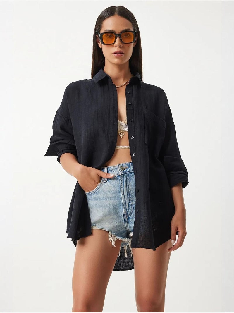 Chemise oversize en coton texturé avec poche istanbul Noir - Kiabi