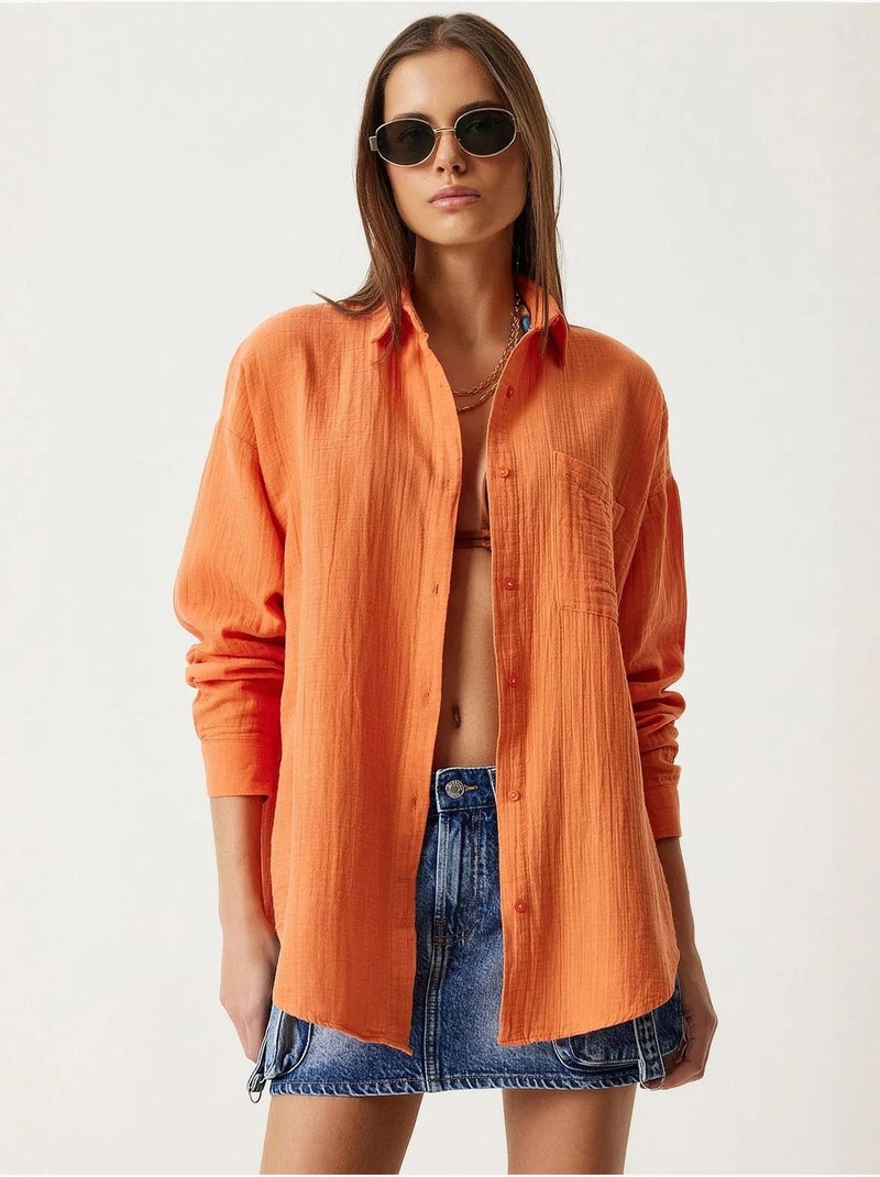Chemise oversize en coton texturé avec poche istanbul Orange - Kiabi
